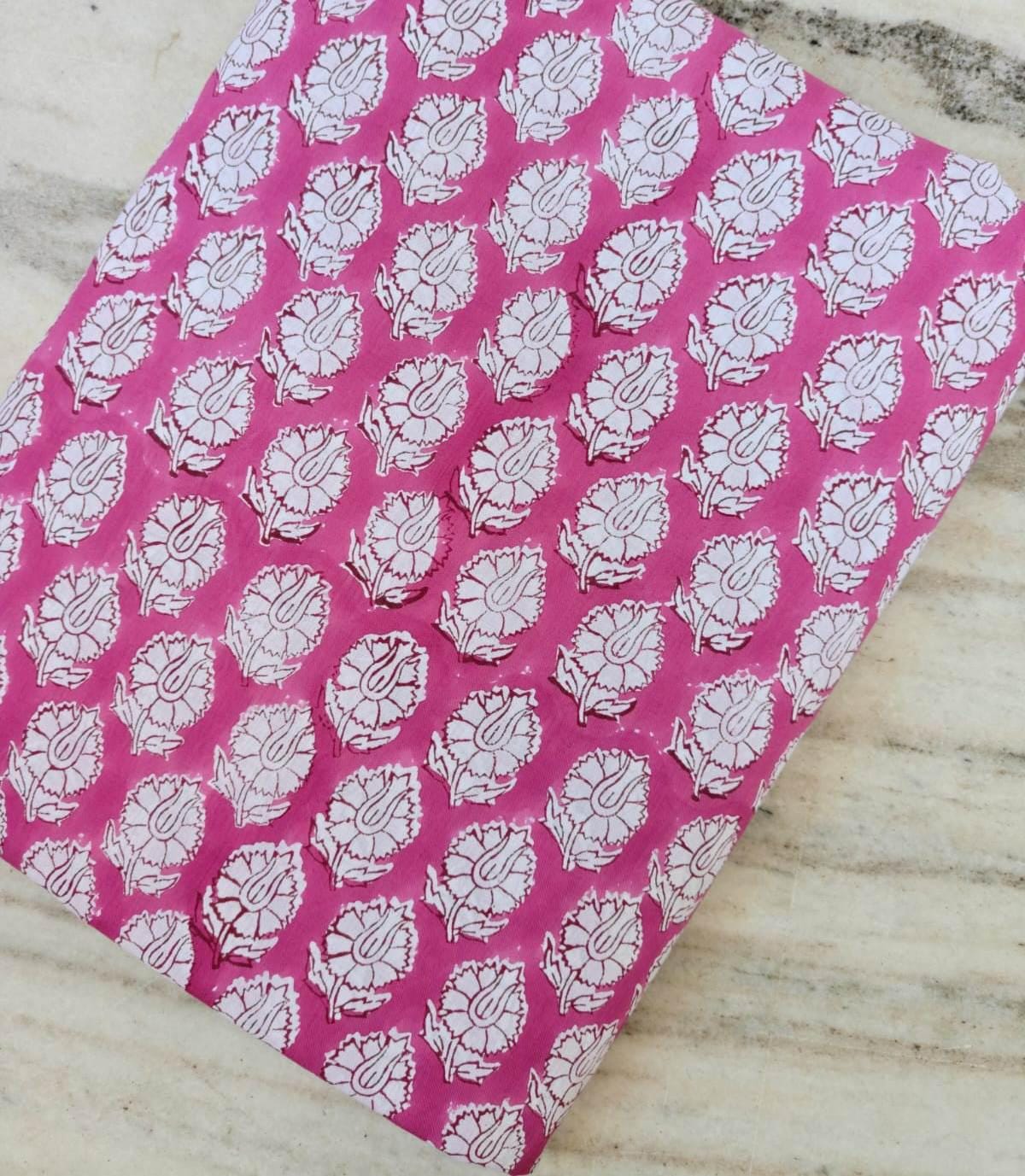 Hot Pink Hand Block Print Cotton Fabric White Floral Indian Textile, Bulk Fabric Supply Dressmaking Quilting Craft Upholstery Fabric by Yard