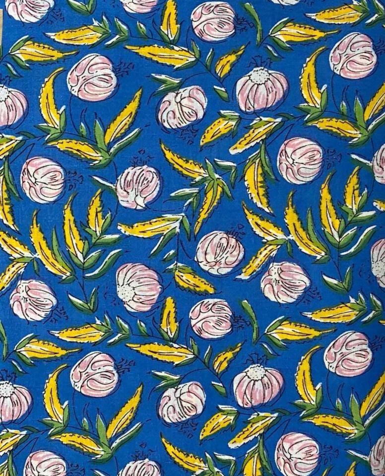 Blue Floral Cotton Fabric, Hand Block Print Fabric, Yellow Leaf Pink Flower Fabric, Indian Cotton Fabric by Yard Dressmaking Quilting Fabric