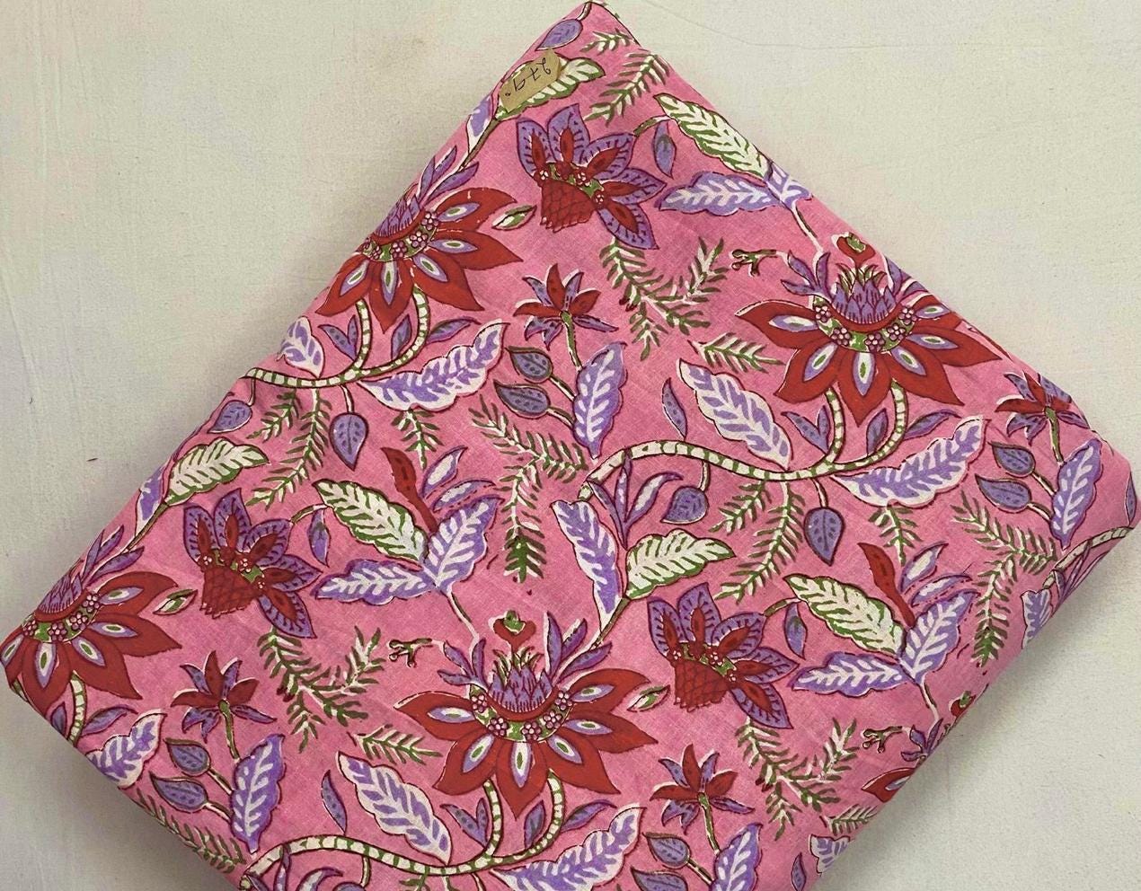 Pink Floral Cotton Fabric by Yard, Indian Block Print Fabric, Boho Flower Print Material, Dressmaking Quilting Fabric, Home Decor Cotton