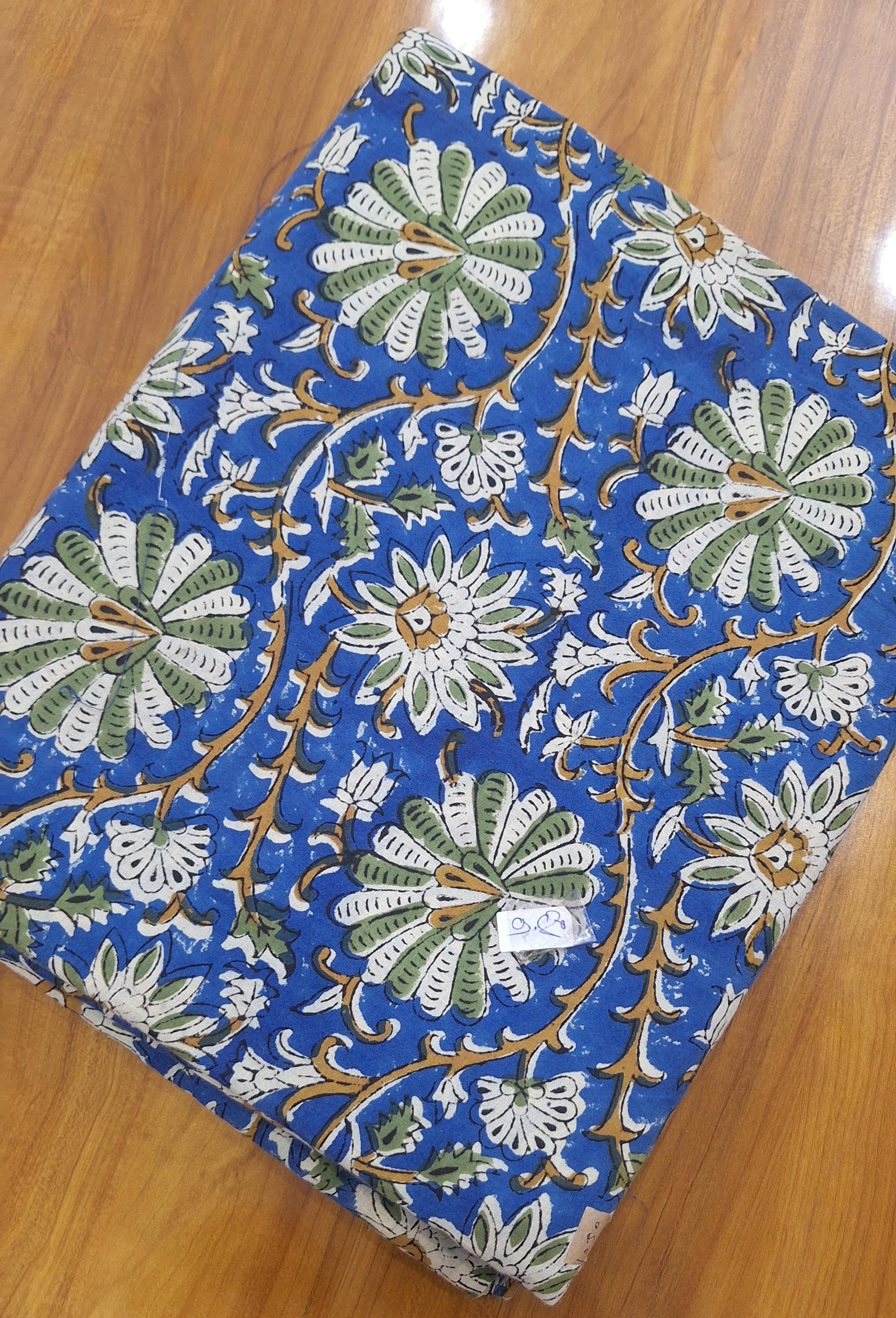 Blue Floral Cotton Fabric | Hand Block Print Style Fabric | Indian Floral Textile | Vintage Botanical Print | Dressmaking & Home Decor