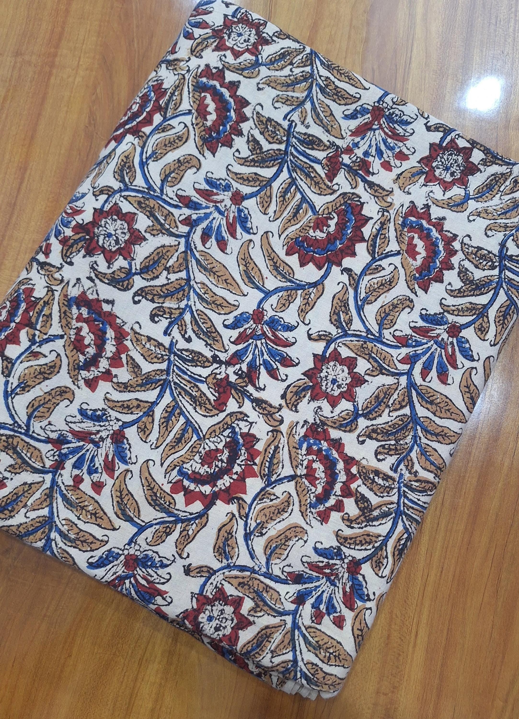 Beige Floral Cotton Fabric | Indian Block Print Fabric | Boho Botanical Textile | Red Blue Floral Pattern | Vintage Style Sewing Fabric