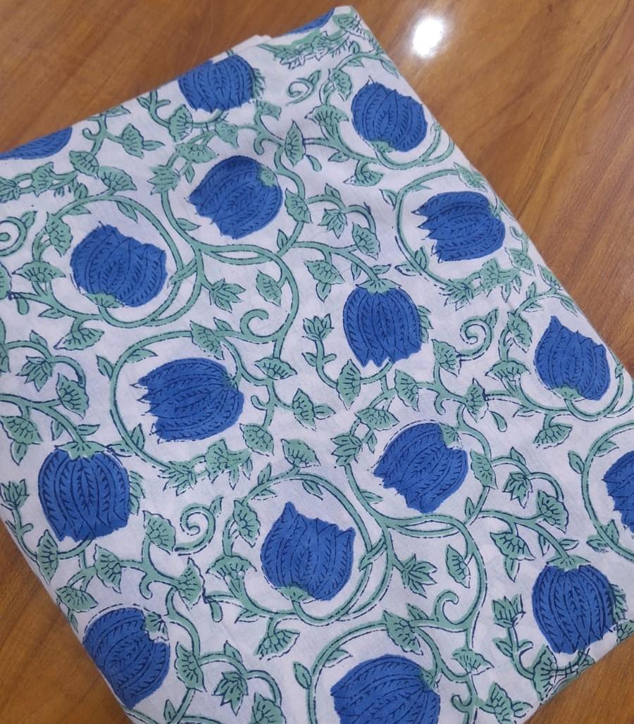 Soft Blue Floral Hand Block Print Cotton Fabric, Indian Cotton Fabric by Yard, Botanical Vine Print Fabric, Quilting Dressmaking Fabric