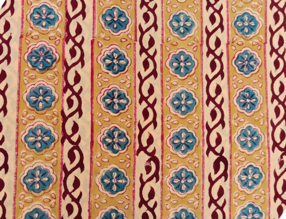 Yellow Floral Stripe Cotton Fabric, Indian Block Print Fabric by the Yard, Blue Red Flower Print, Vintage Buti Quilting Sewing Fabric