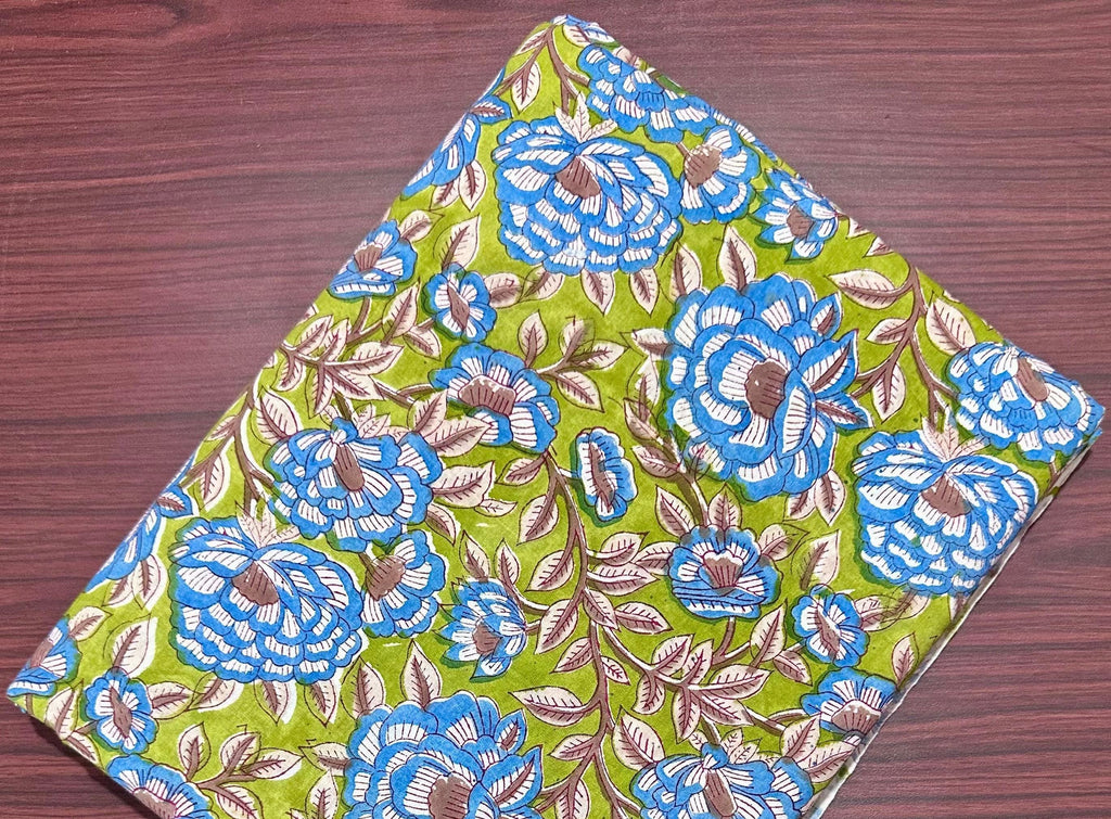 Green & Blue Indian Floral Hand Block Print Cotton Fabric, Soft Cotton Fabric, Floral 100% Cotton Fabric By The Yard, Loose Running Fabric