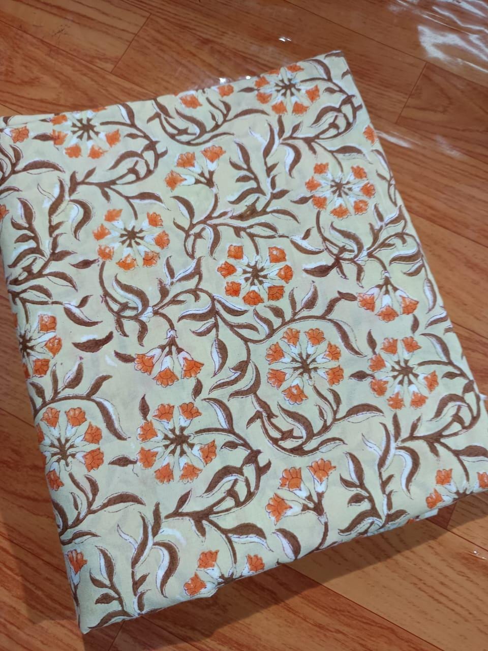 Green Orange Floral Quilting Fabric, Soft Cotton, Indian Hand Block Print Fabric, 100% Cotton Fabric By The Yard, Fabric for Loose Running