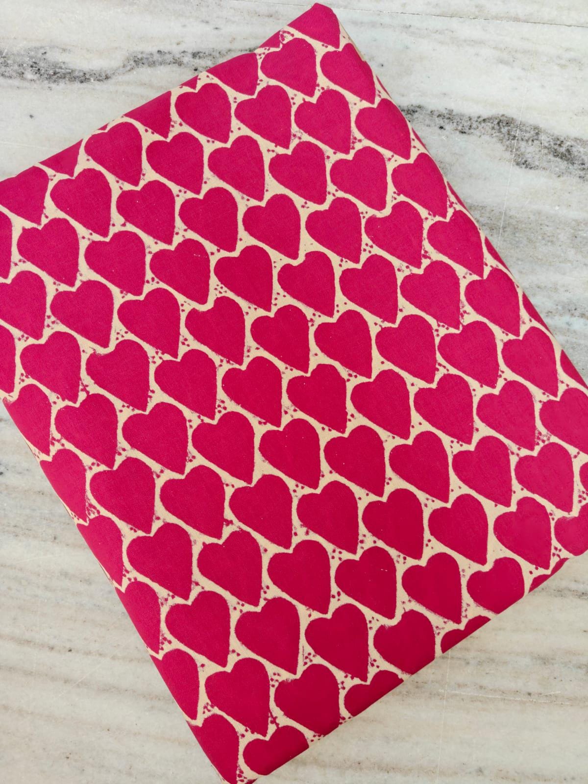 Red Heart Print Cotton Fabric, Valentine’s Day Indian Hand Block Print Fabric, Cute Block Print Fabric by the Yard, Loose Running Fabric