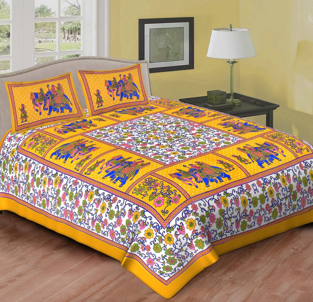 Yellow Elephant Cotton Bedsheet with Pillow Covers, Indian Mandala Bedding Set, King Queen Size Bed Sheet, Boho Bedroom Decor Floral Bedding