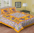 Yellow Elephant Cotton Bedsheet with Pillow Covers, Indian Mandala Bedding Set, King Queen Size Bed Sheet, Boho Bedroom Decor Floral Bedding
