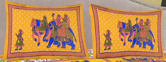 Yellow Elephant Cotton Bedsheet with Pillow Covers, Indian Mandala Bedding Set, King Queen Size Bed Sheet, Boho Bedroom Decor Floral Bedding