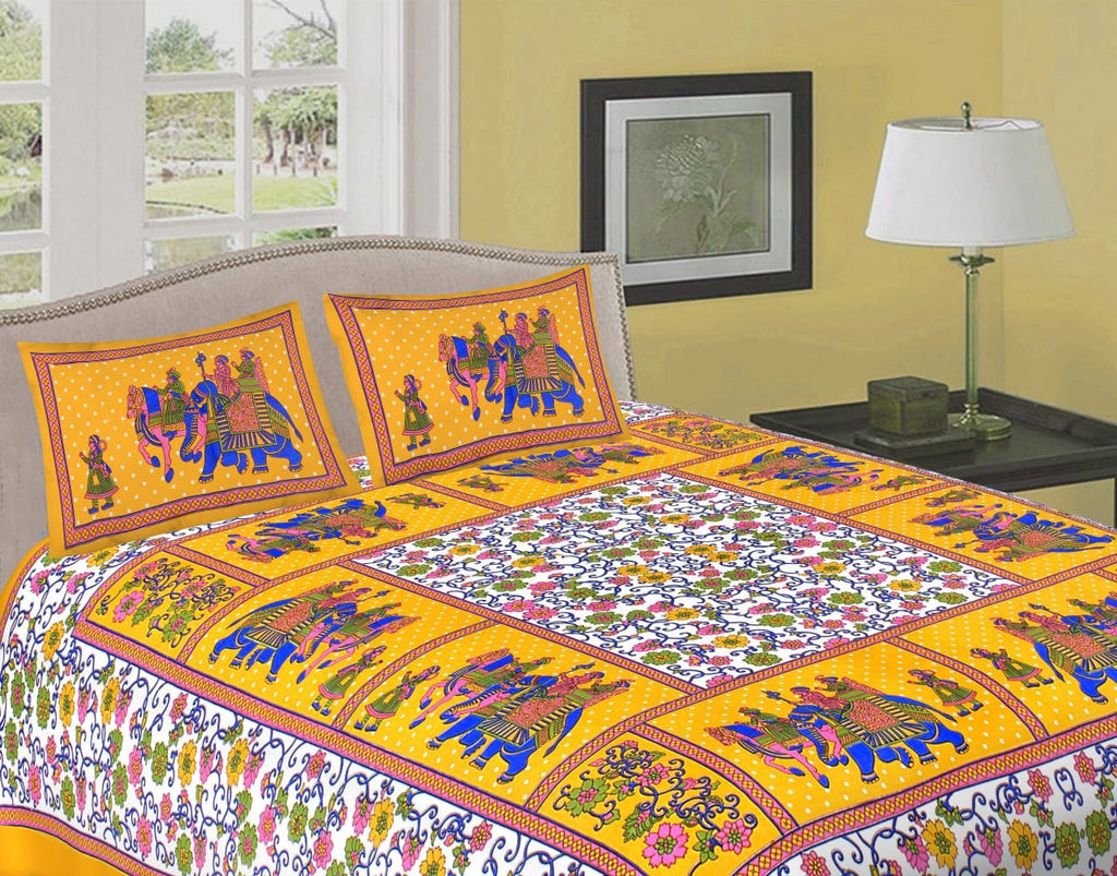 Yellow Elephant Cotton Bedsheet with Pillow Covers, Indian Mandala Bedding Set, King Queen Size Bed Sheet, Boho Bedroom Decor Floral Bedding
