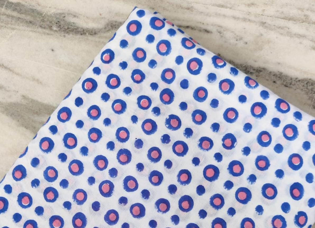 Hand Block Printed Cotton Fabric, White & Blue Polka Dot Cotton Fabric, 100 % Floral Cotton Fabric By The Yard, White Fabric with Blue Dots
