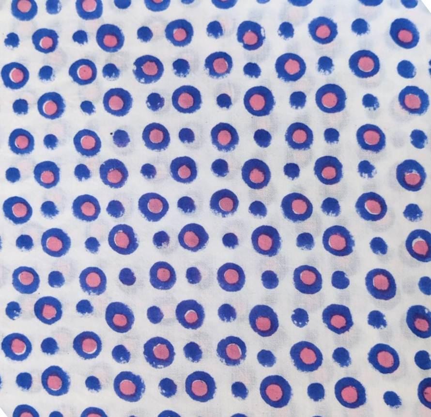 Hand Block Printed Cotton Fabric, White & Blue Polka Dot Cotton Fabric, 100 % Floral Cotton Fabric By The Yard, White Fabric with Blue Dots
