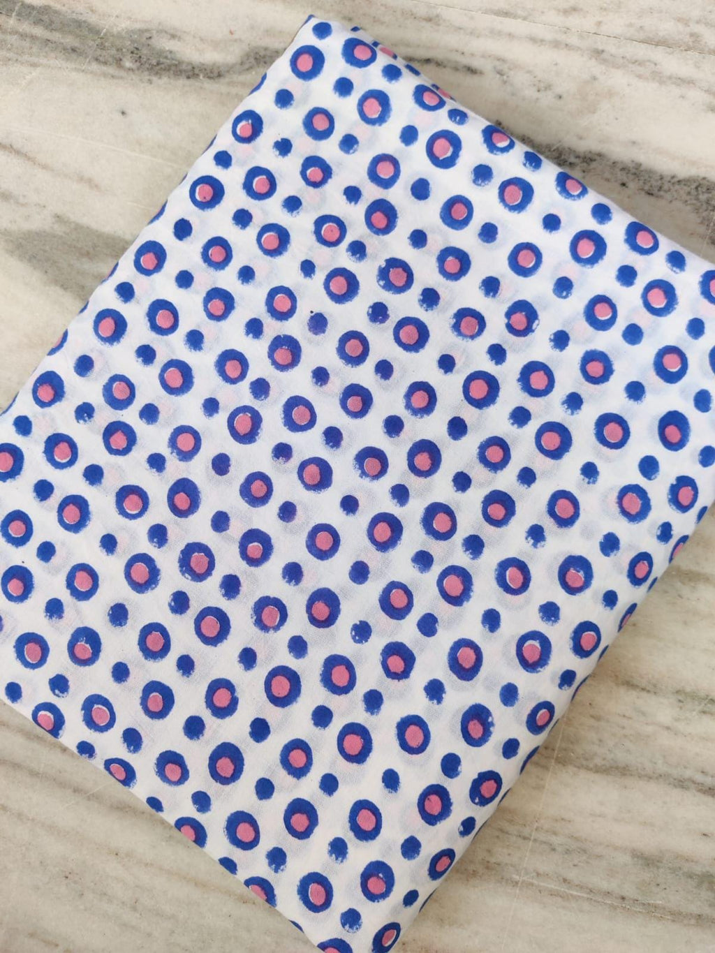 Hand Block Printed Cotton Fabric, White & Blue Polka Dot Cotton Fabric, 100 % Floral Cotton Fabric By The Yard, White Fabric with Blue Dots