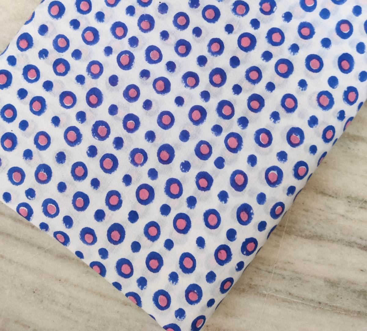 Hand Block Printed Cotton Fabric, White & Blue Polka Dot Cotton Fabric, 100 % Floral Cotton Fabric By The Yard, White Fabric with Blue Dots