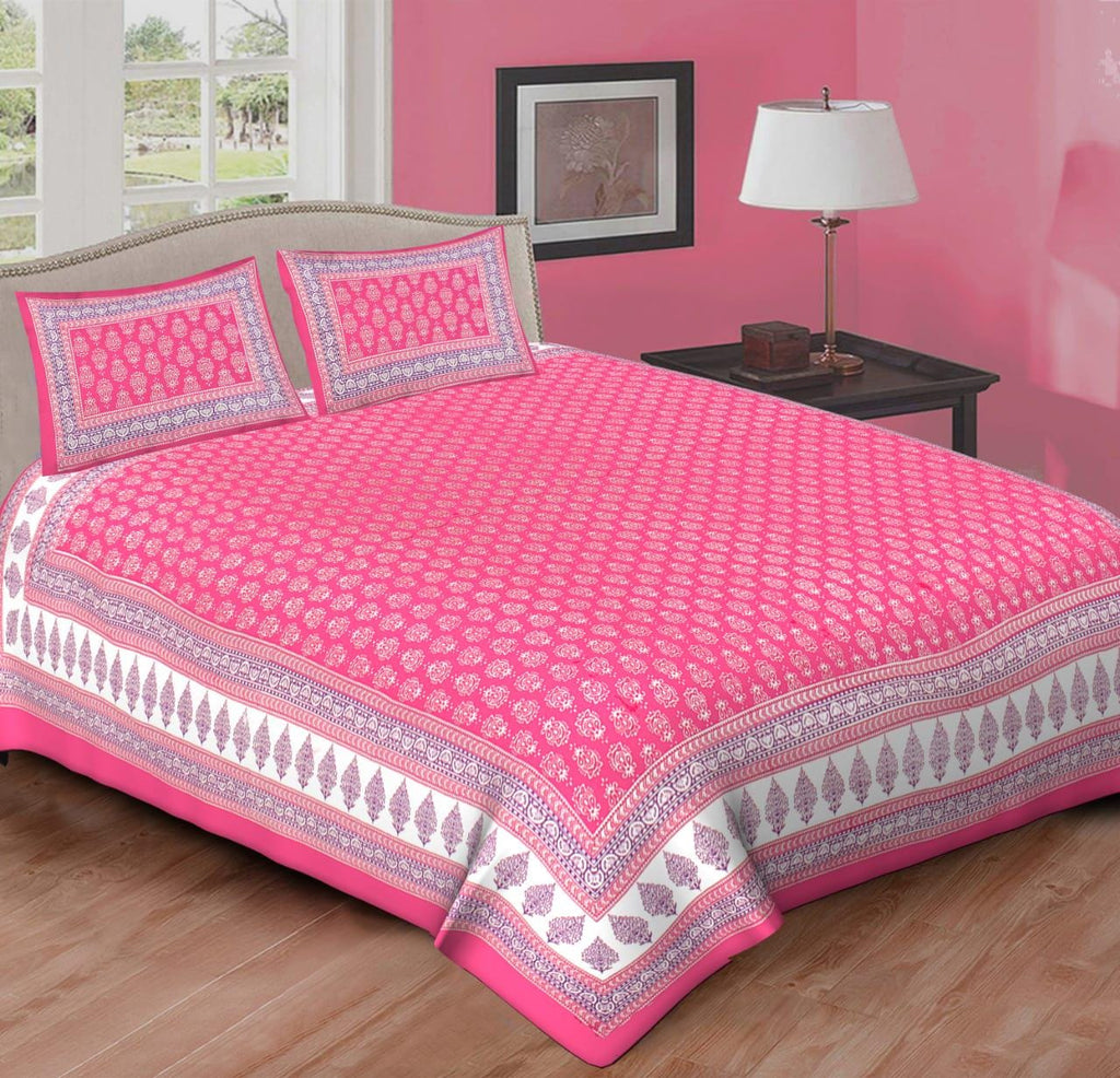 Pink Cotton Bedsheet Set, Hand Block Print Bedding, Queen King Size Bed Sheet, Indian Floral Print Bedspread, Soft Cotton Bedding, Bedroom