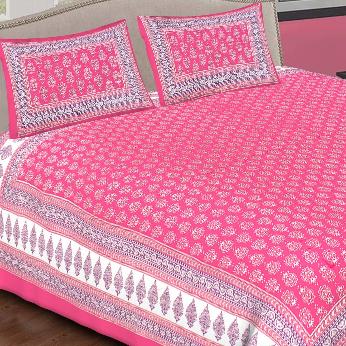 Pink Cotton Bedsheet Set, Hand Block Print Bedding, Queen King Size Bed Sheet, Indian Floral Print Bedspread, Soft Cotton Bedding, Bedroom