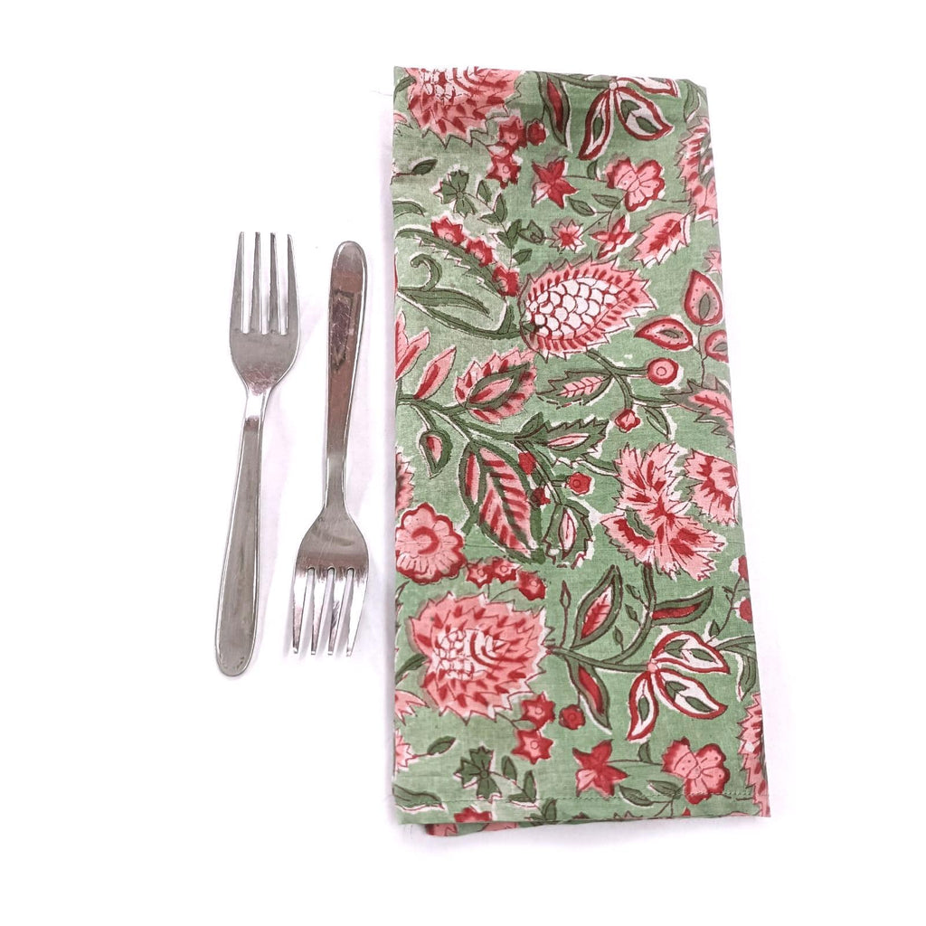 Floral Cotton Napkins Set, Green Pink Block Print Napkins, Handmade Cloth Napkins, Indian Hand Block Print Table Linen, Reusable Napkins