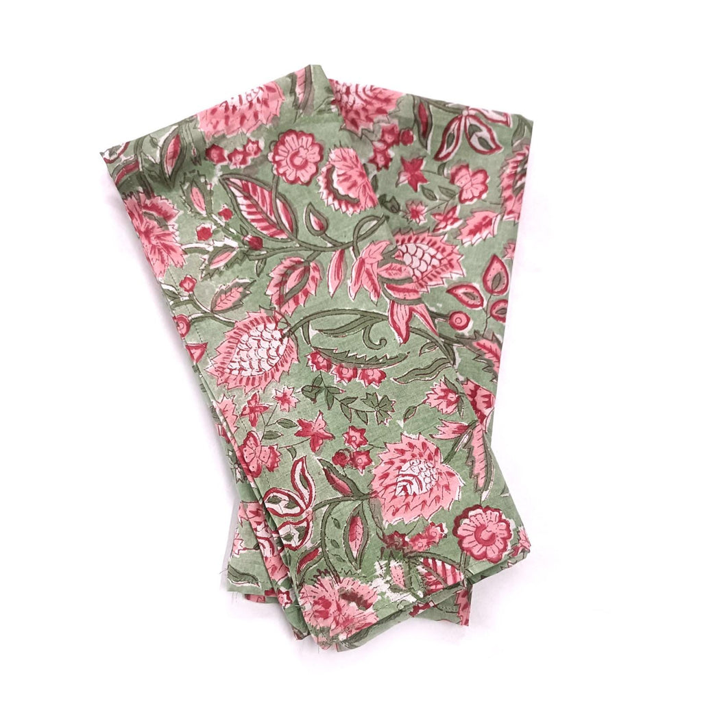 Floral Cotton Napkins Set, Green Pink Block Print Napkins, Handmade Cloth Napkins, Indian Hand Block Print Table Linen, Reusable Napkins