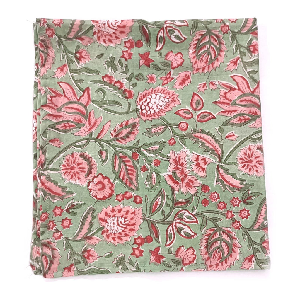 Floral Cotton Napkins Set, Green Pink Block Print Napkins, Handmade Cloth Napkins, Indian Hand Block Print Table Linen, Reusable Napkins