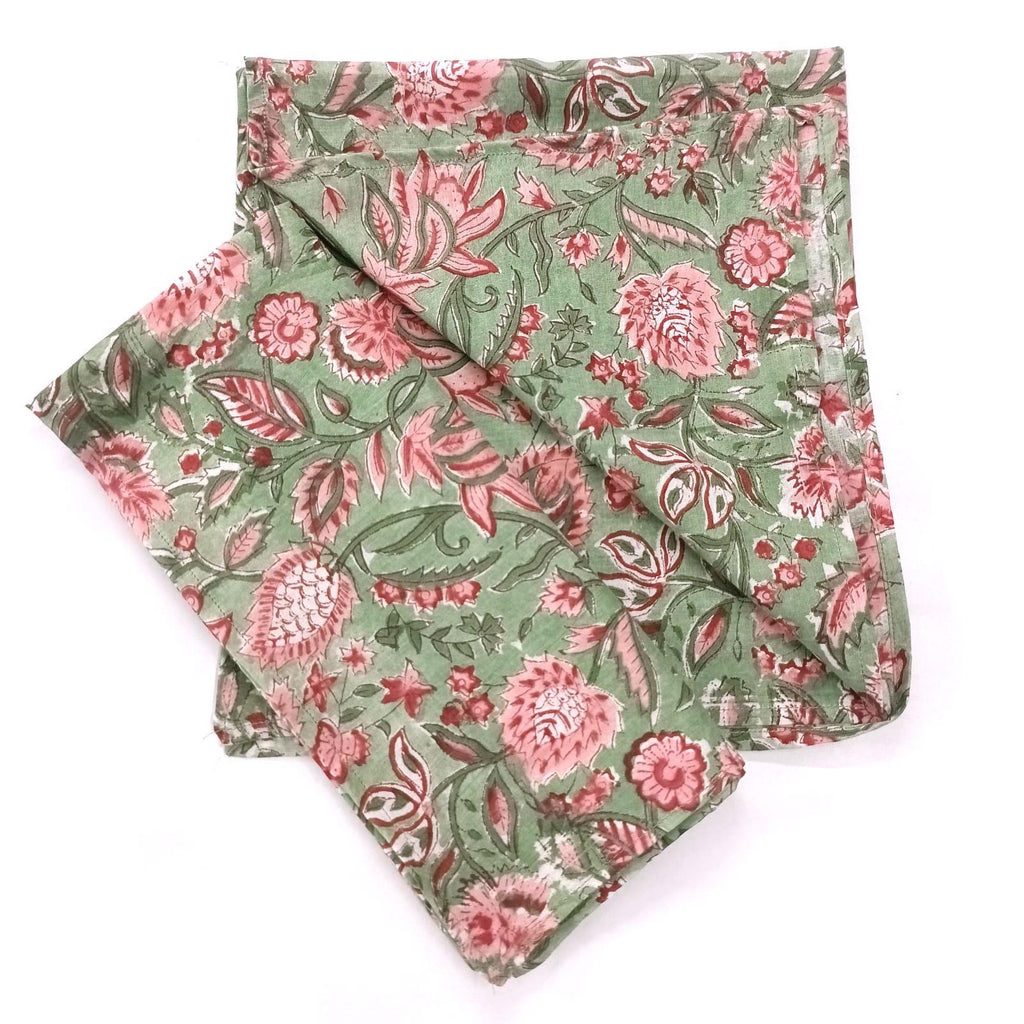 Floral Cotton Napkins Set, Green Pink Block Print Napkins, Handmade Cloth Napkins, Indian Hand Block Print Table Linen, Reusable Napkins