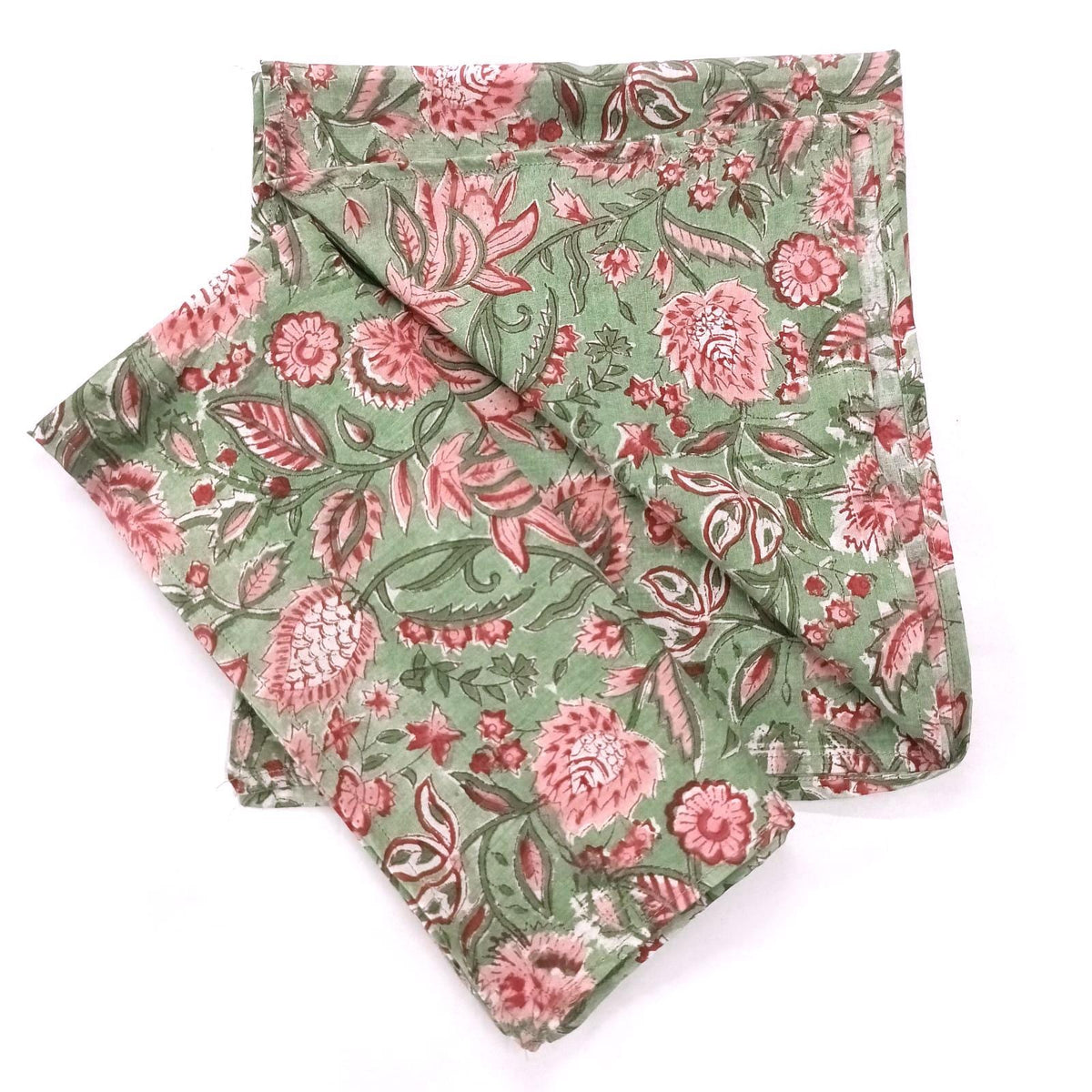 Floral Cotton Napkins Set, Green Pink Block Print Napkins, Handmade Cloth Napkins, Indian Hand Block Print Table Linen, Reusable Napkins