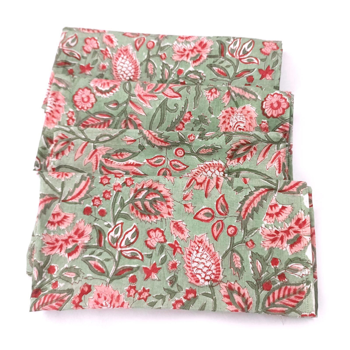 Floral Cotton Napkins Set, Green Pink Block Print Napkins, Handmade Cloth Napkins, Indian Hand Block Print Table Linen, Reusable Napkins