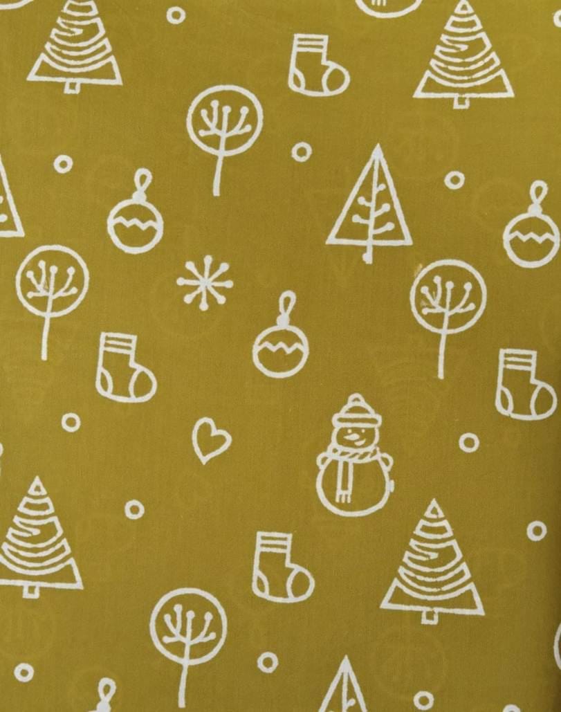 Mustard Yellow Christmas Tree Cotton Fabric by Yard, Winter Holiday Quilting Fabric, Festive Printed Cotton Material for Sewing Craft Fabric