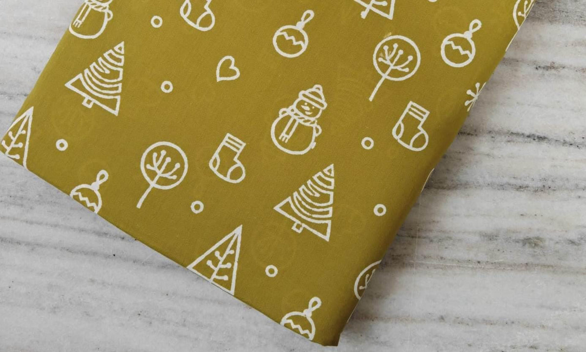 Mustard Yellow Christmas Tree Cotton Fabric by Yard, Winter Holiday Quilting Fabric, Festive Printed Cotton Material for Sewing Craft Fabric