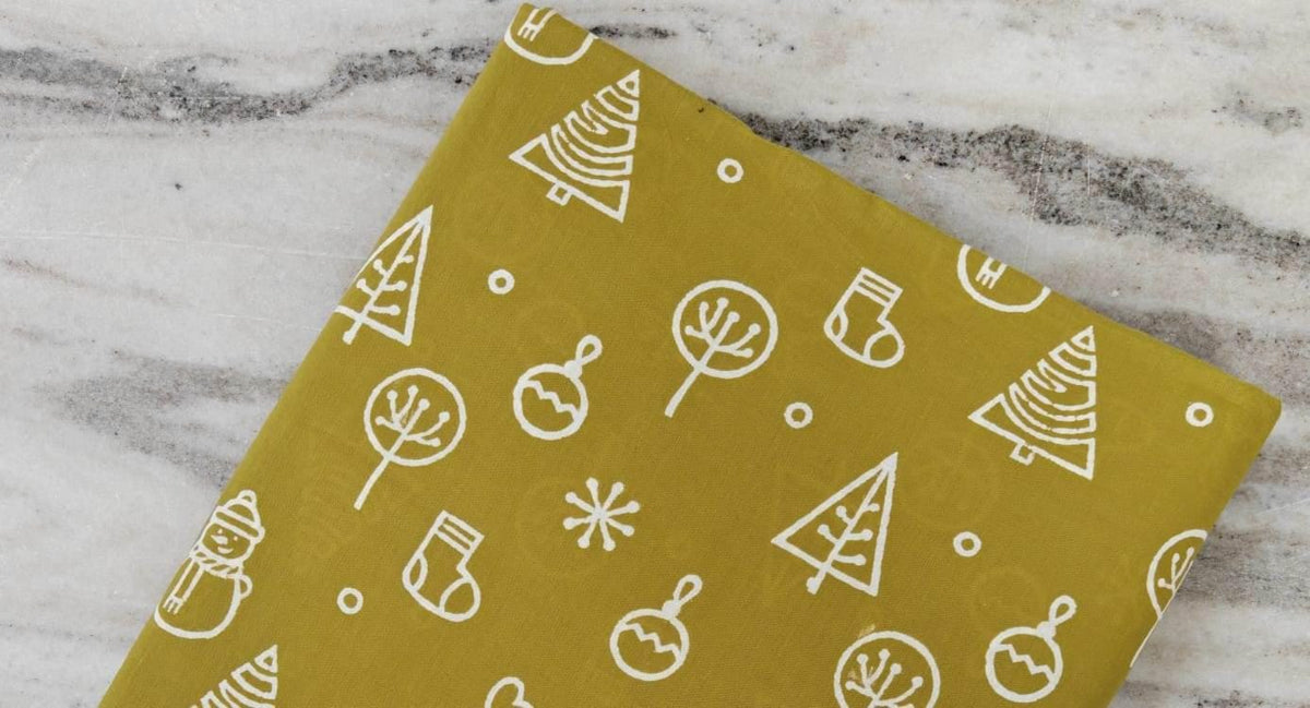 Mustard Yellow Christmas Tree Cotton Fabric by Yard, Winter Holiday Quilting Fabric, Festive Printed Cotton Material for Sewing Craft Fabric
