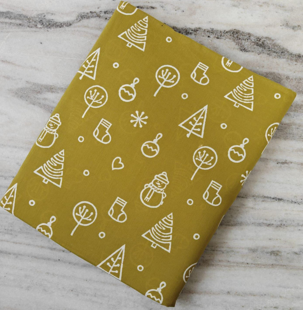 Mustard Yellow Christmas Tree Cotton Fabric by Yard, Winter Holiday Quilting Fabric, Festive Printed Cotton Material for Sewing Craft Fabric