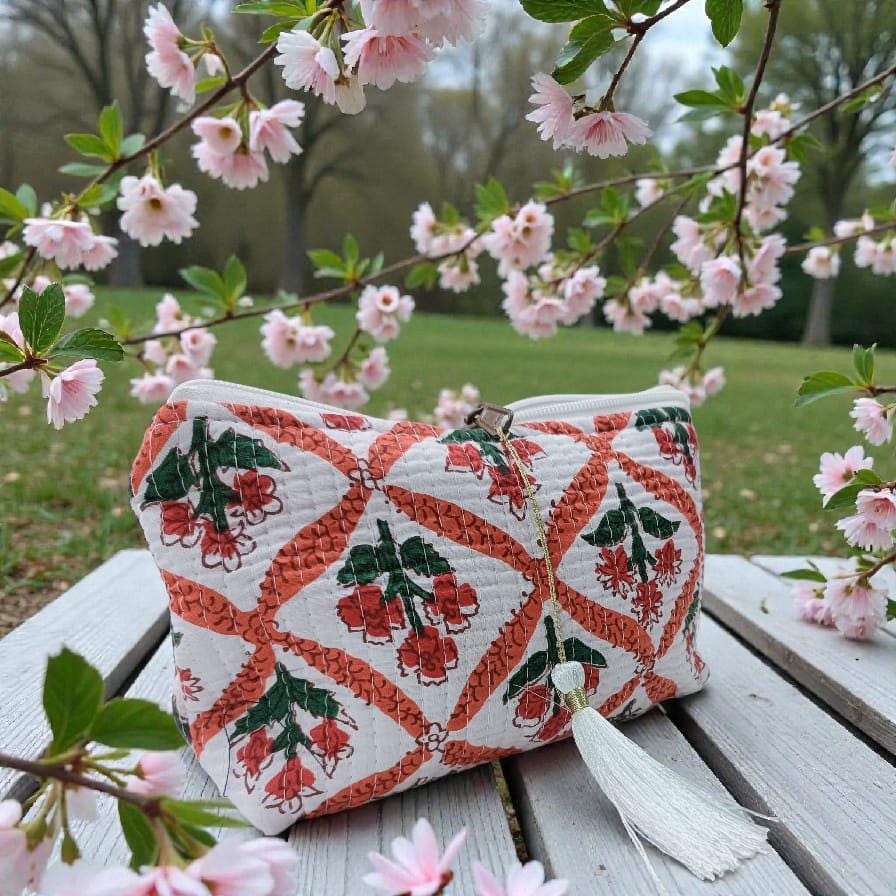 Vintage Indian Toiletry Bag, Personalized Block Print Makeup Bag, Cosmetic Bag for Women, Gifts for Mom, Quilted Cotton Travel Pouch Set