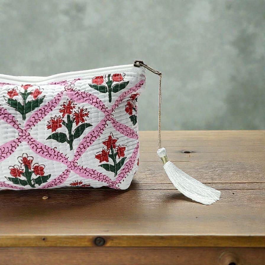 Pink Floral Quilted Pouch | Block Print Cosmetic Bag | Tassel Zipper Travel Pouch | Waterproof Bags | Pouch | Handmade Pouch
