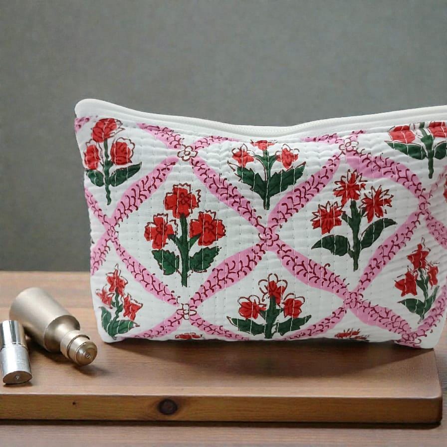 Pink Floral Quilted Pouch | Block Print Cosmetic Bag | Tassel Zipper Travel Pouch | Waterproof Bags | Pouch | Handmade Pouch