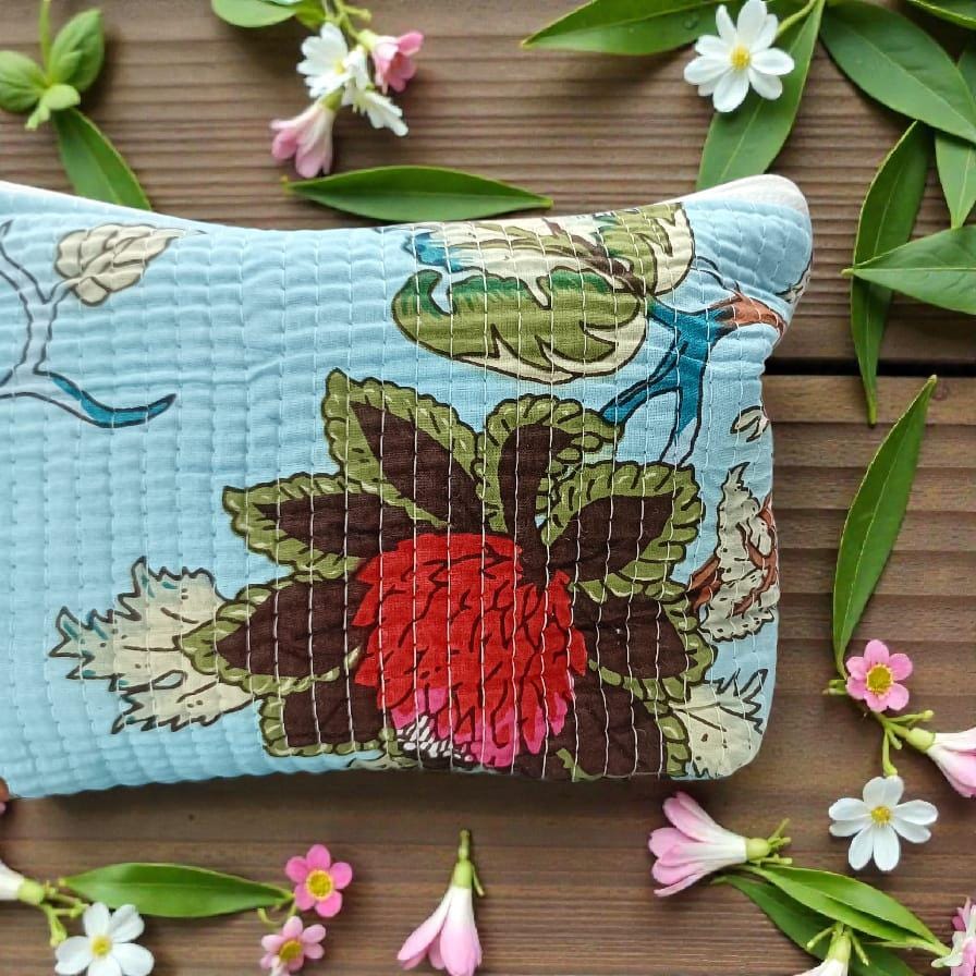 Floral Kantha Quilt Pouch | Blue Zipper Cosmetic Bag | Travel Toiletry Pouch | Waterproof Bags | Tassel Zipper Bags