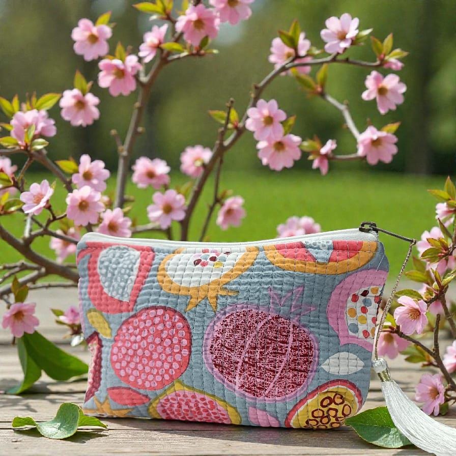 Colorful Floral Kantha Quilt Pouch | White Zipper Cosmetic Bag | Toiletry Pouch | Handmade Quilted Floral Pouch | Zipper Bag with Tassel