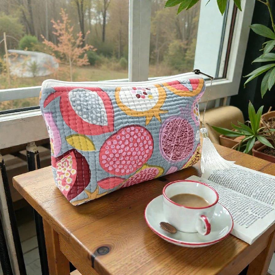 Colorful Floral Kantha Quilt Pouch | White Zipper Cosmetic Bag | Toiletry Pouch | Handmade Quilted Floral Pouch | Zipper Bag with Tassel