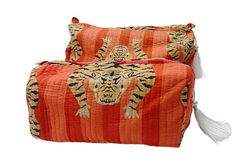 Set of 3 Quilted Toiletry Bags | Big, Medium, Small, Toiletry Bag | Women Wash Bag | Tiger Print Travel Pouch | Hand Block Print Pouch, Gift