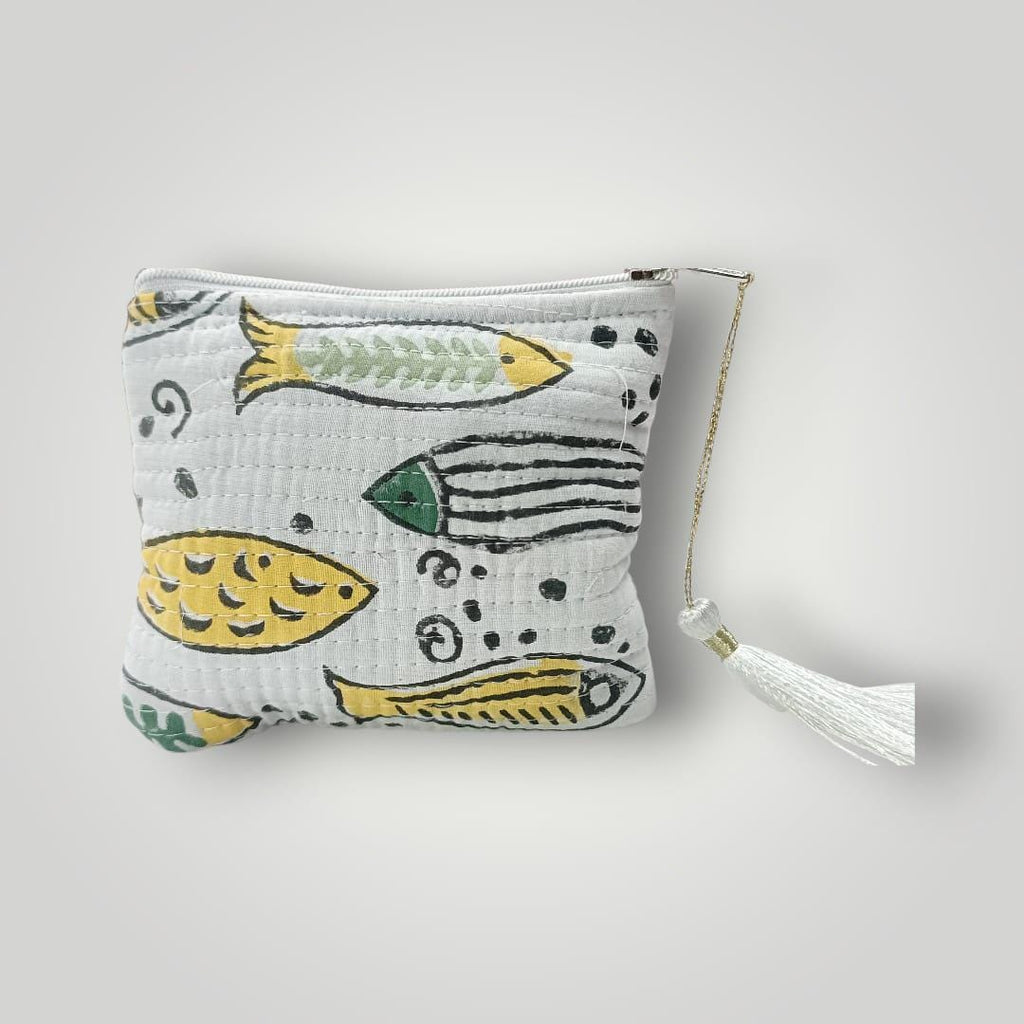 Handmade Mini Quilted Pouch with Fish Print | Boho Coin Purse | Small Zipper Bag with Tassel| Christmas Gifts