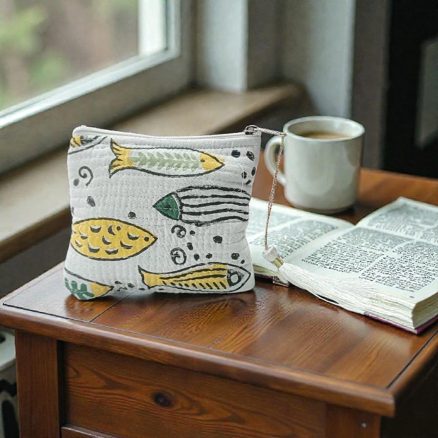 Handmade Mini Quilted Pouch with Fish Print | Boho Coin Purse | Small Zipper Bag with Tassel| Christmas Gifts
