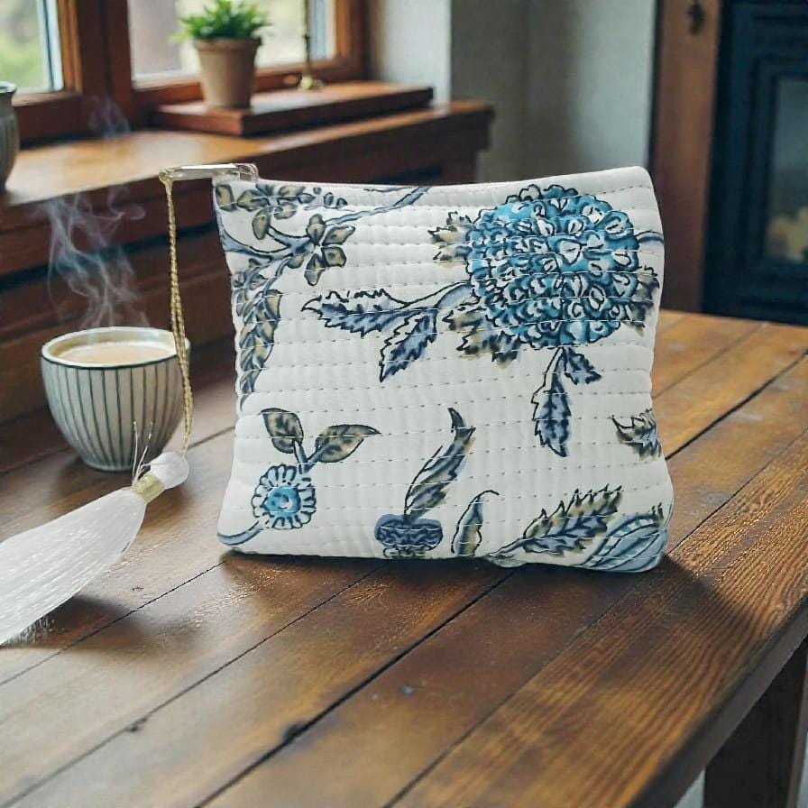 Mini Quilted Floral Pouch | Boho Zipper Bag | Small Makeup or Jewelry Pouch | Artisan Quilted Pouch | Gift for Her | Zipper Tassel Pouch