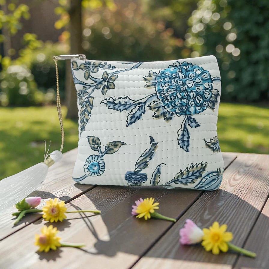 Mini Quilted Floral Pouch | Boho Zipper Bag | Small Makeup or Jewelry Pouch | Artisan Quilted Pouch | Gift for Her | Zipper Tassel Pouch