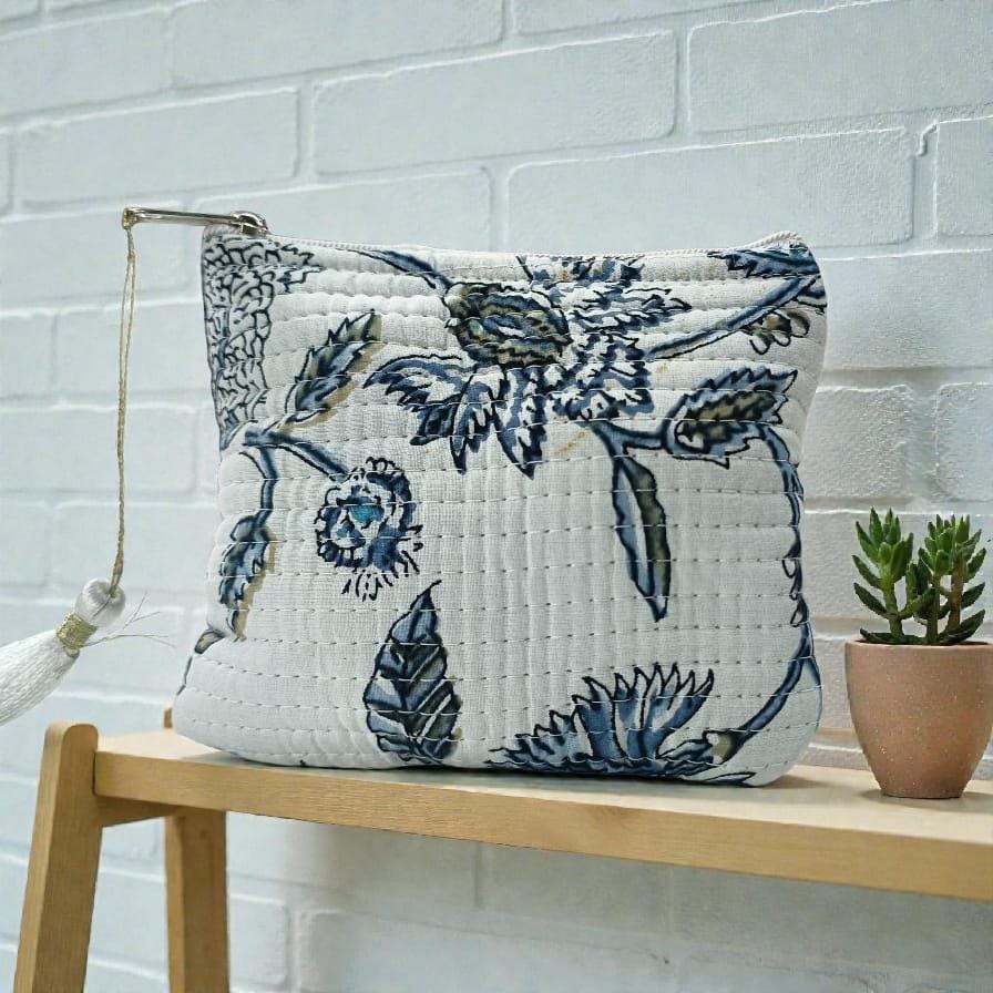 Handmade Mini Quilted Pouch | Blue Floral Block Print | Small Zipper Bag with Tassel | Personalized Fabric Pouch | Block Print Accessory Bag