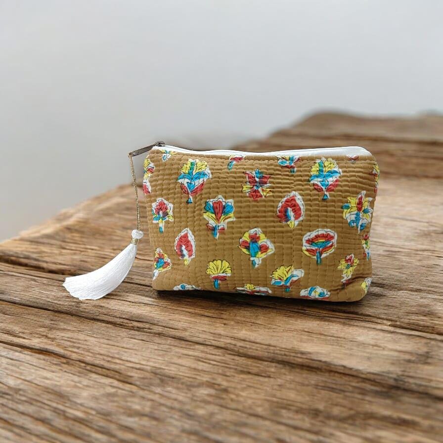 Handmade Quilted Zipper Pouch | Flower Print Cosmetic Bag | Coin Purse | Cute Travel Pouch