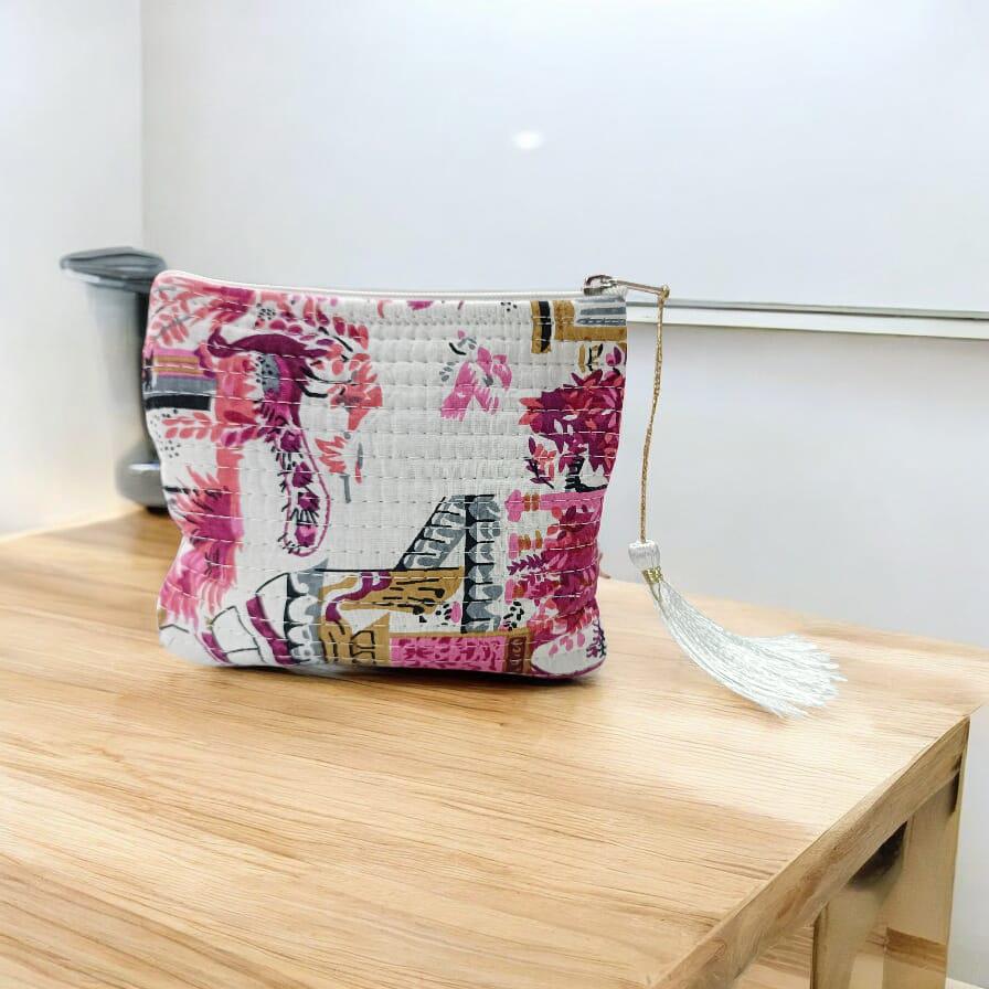 Hand-Stitched Floral Clutch – Quilted Zipper Pouch Gift for Her | Handmade Gift | Quilted Pouch With Tassel | Gift For Ideas