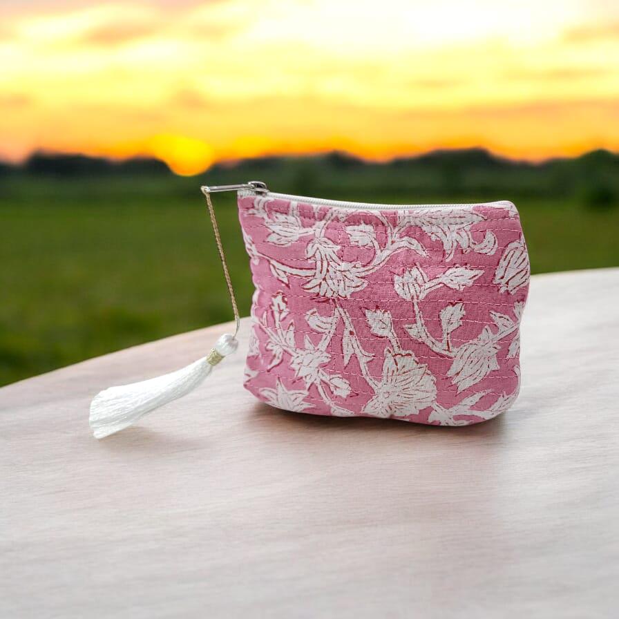 Personalized Mini Quilted Pouch | Pink Floral Block Print | Small Zipper Bag with Tassel | Fabric Pouch | Block Print Accessory Bag