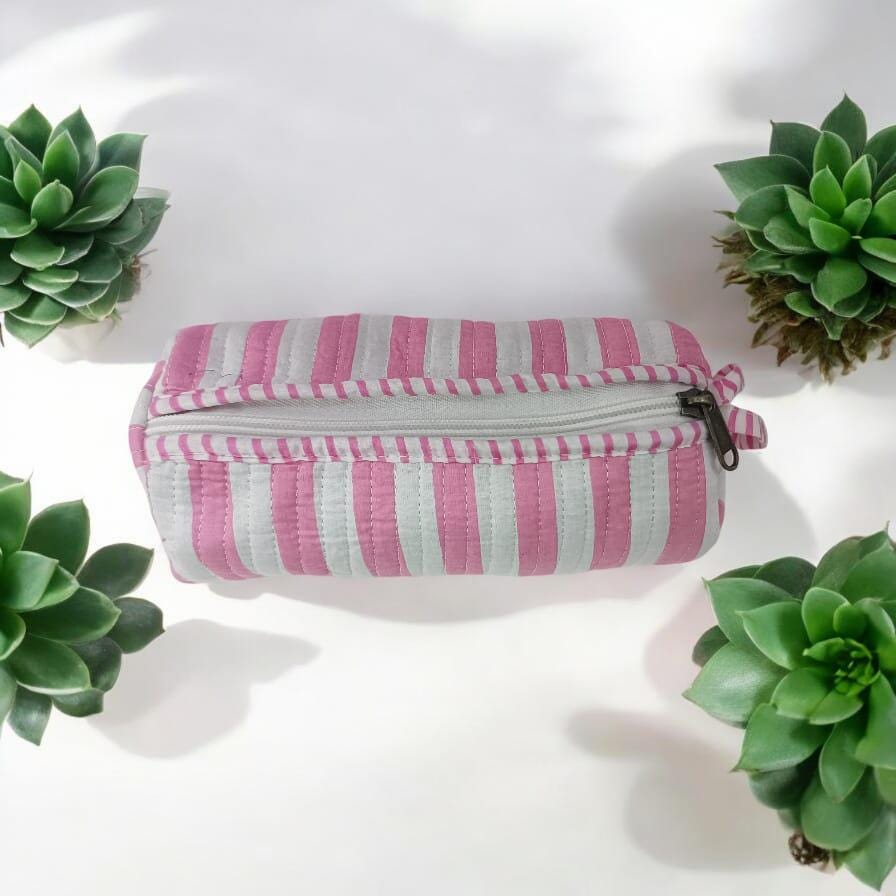 Pink Cotton Pencil Case, Hand Block Cotton Fabric Pencil Case, Christmas Gift, Gift For Wife, Birthday Gift, Pencil Case, Pink Quilted Pouch