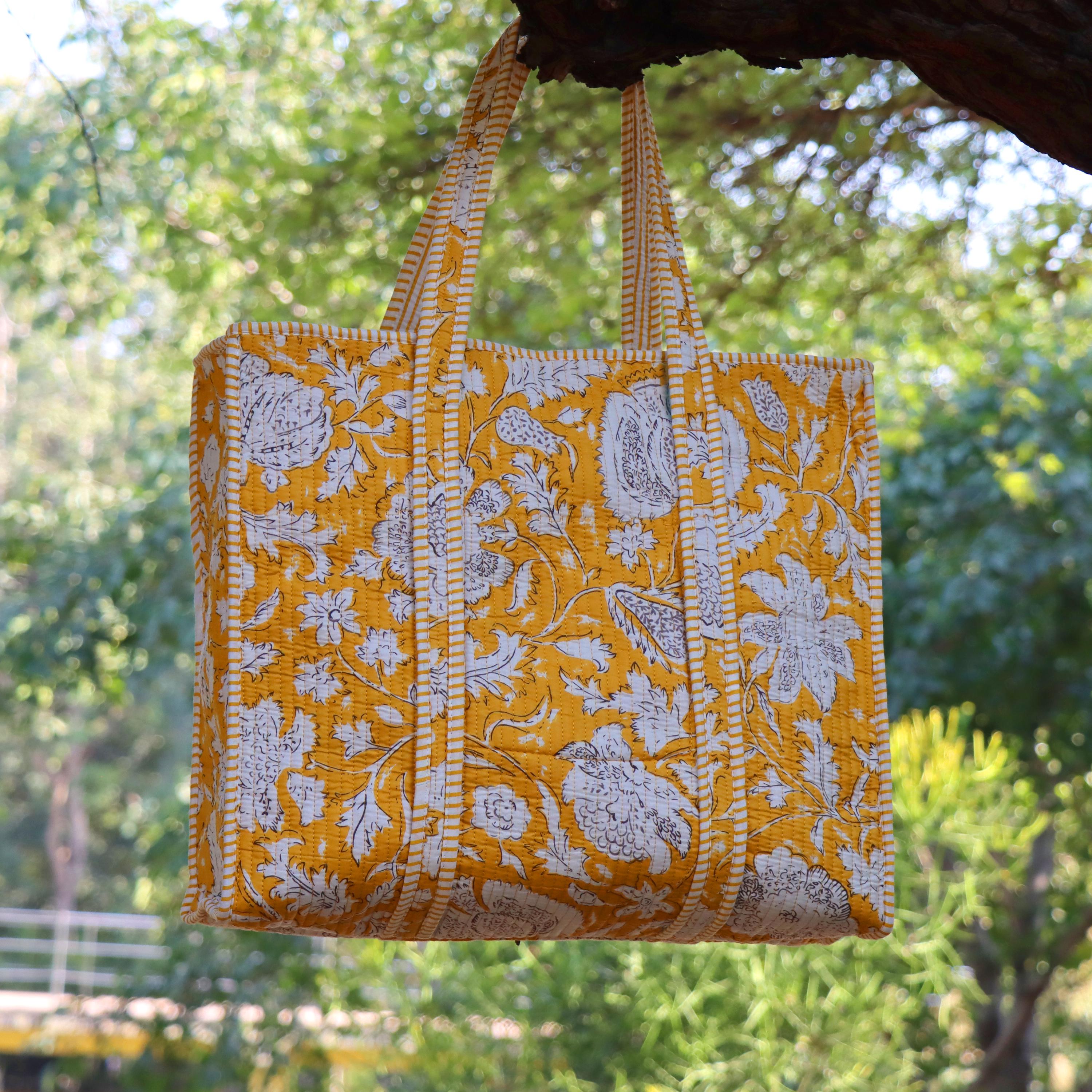 Yellow Color Cotton Tote Bag, Handmade Block Print Market Bag, Tote Bag, Indian Cotton Shoulder Bag, Baho Everyday Carry Bag, Beach Bags