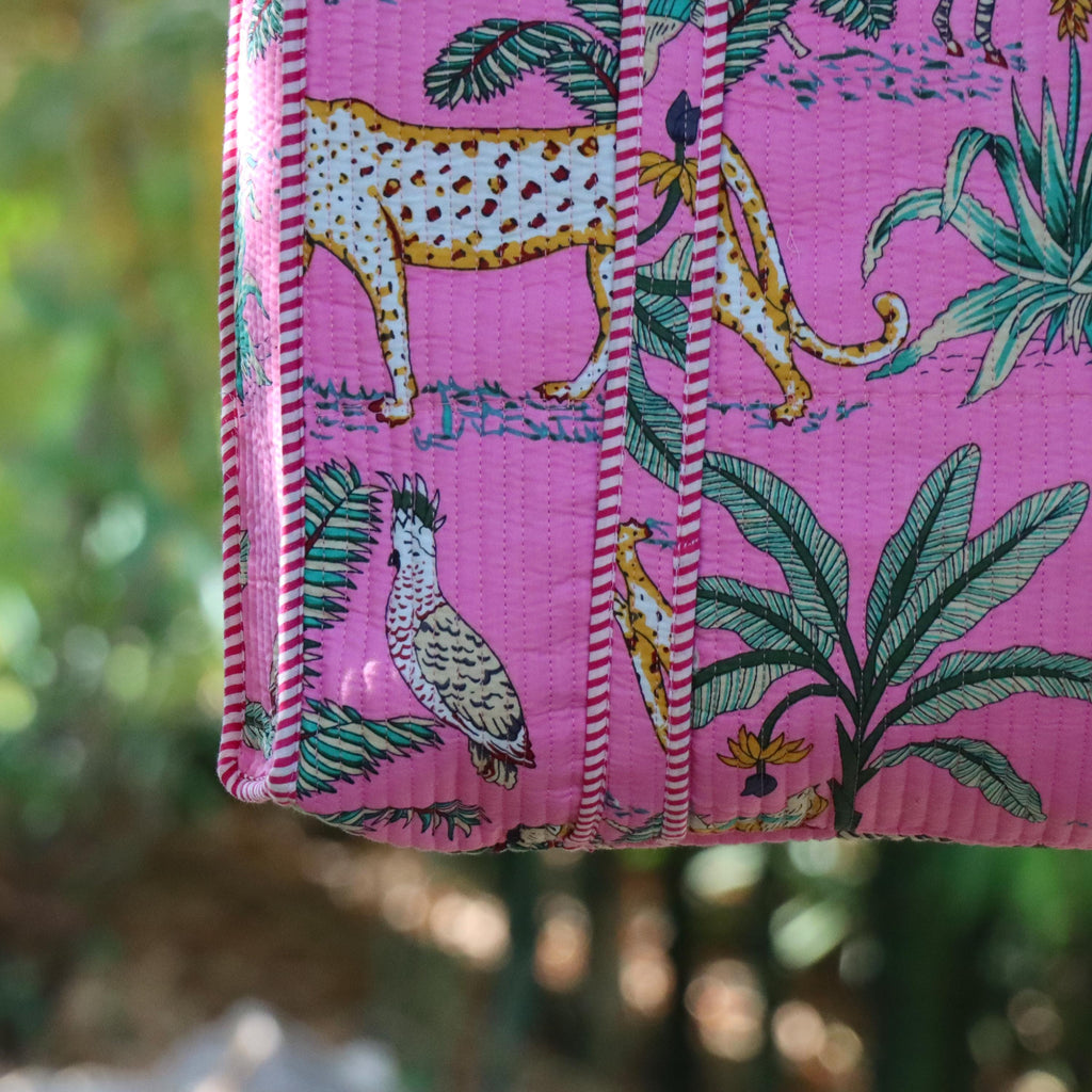 Pink Jungle Safari Print Bags, Handmade Quilted Tote Bag, Cotton Quilted Tote Bag, Indian Bags Shopping Bags, Beach Bag, Shoulder Bags Gifts