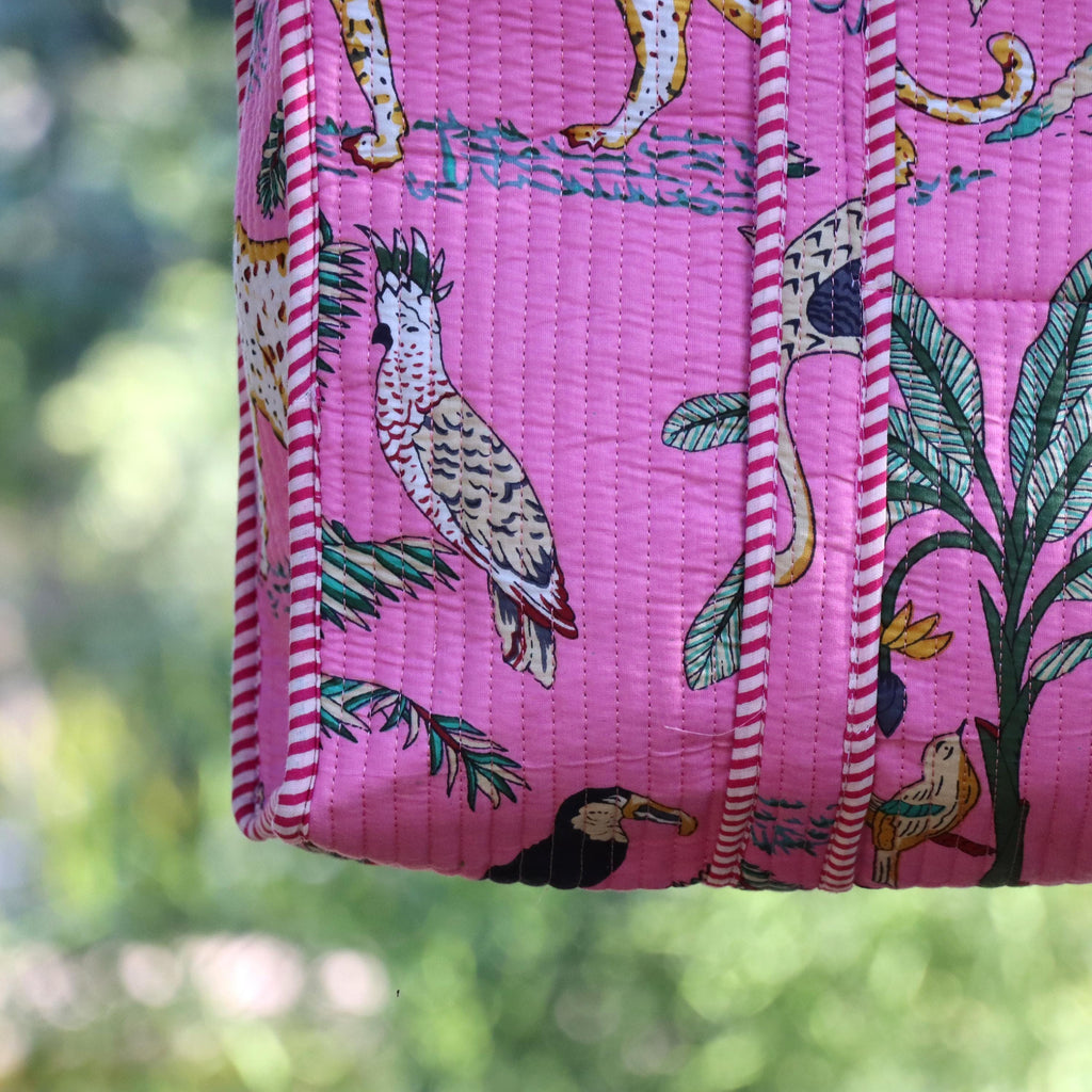 Pink Jungle Safari Print Bags, Handmade Quilted Tote Bag, Cotton Quilted Tote Bag, Indian Bags Shopping Bags, Beach Bag, Shoulder Bags Gifts