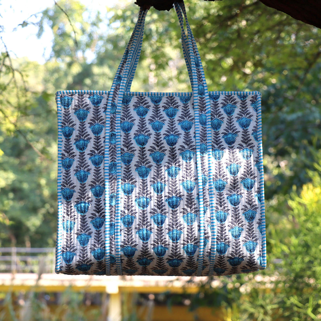 Blue Floral Hand Block Print Cotton Tote Bag, Reusable Boho Shoulder Bag